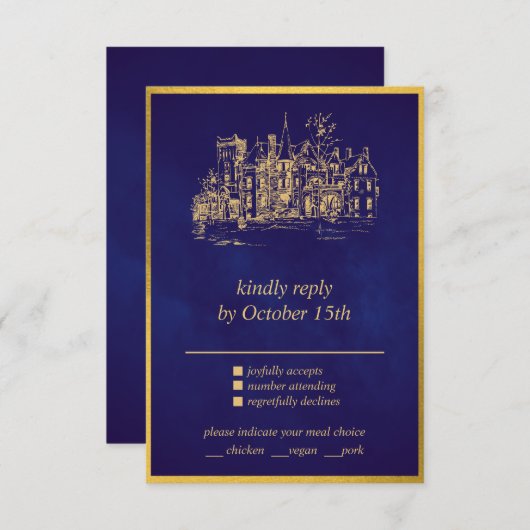 Fairy Tale Whimsical Castle Paars Gold RSVP-kaart Informatiekaartje (Voorkant / Achterkant)