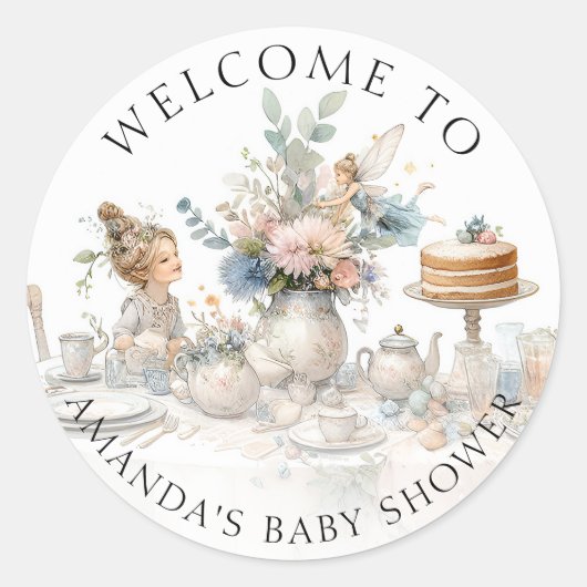 Fairy Tea Party Bloemen Welkom Baby Meisje Douche Ronde Sticker (Voorkant)