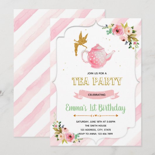 Fairy tea party verjaardagsuitnodiging kaart (Voorkant / Achterkant)
