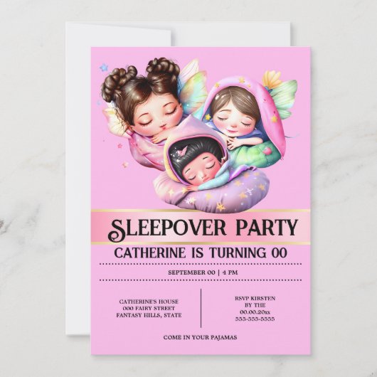 Fairy thema sleepover sluimerfeest meisjes roze kaart (Voorkant)