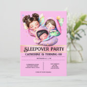 Fairy thema sleepover sluimerfeest meisjes roze kaart (Staand voorkant)
