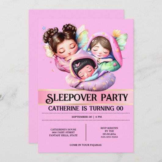 Fairy thema sleepover sluimerfeest meisjes roze kaart (Voorkant / Achterkant)
