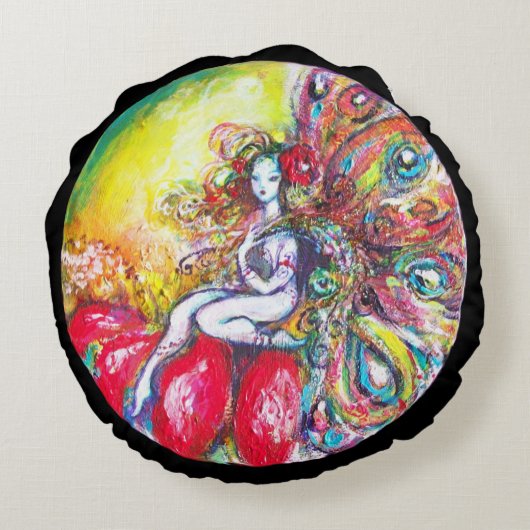FAIRY TITANIA EN RED FLOWER Yellow Pink Sparkles Rond Kussen (Achterkant)