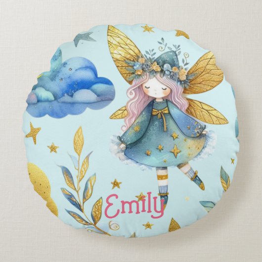 Fairy Verjaardag Blauwgroen Goud Roze Prinses Spro Rond Kussen (Voorkant)