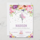 Fairy Verjaardag Paarse Roze Bloemen Zilver Glitte Kaart (Voorkant)