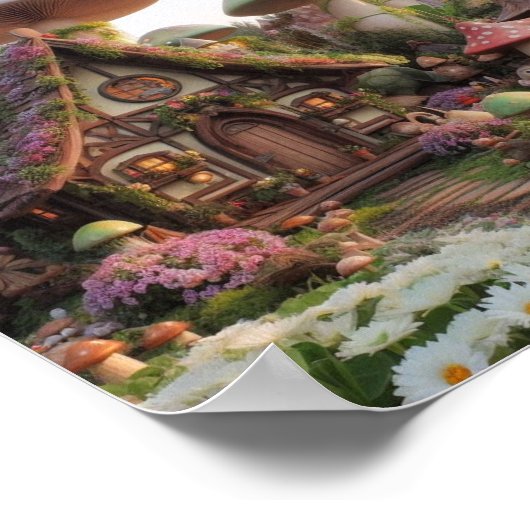 Fairy Village reuzenpaddenstoelen en bloemen Poster (Hoek)