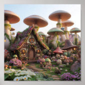 Fairy Village reuzenpaddenstoelen en bloemen Poster (Voorkant)