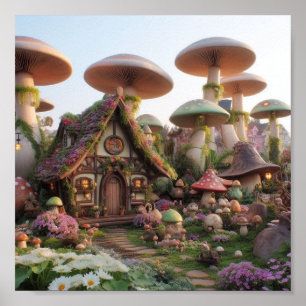 Fairy Village reuzenpaddenstoelen en bloemen Poster