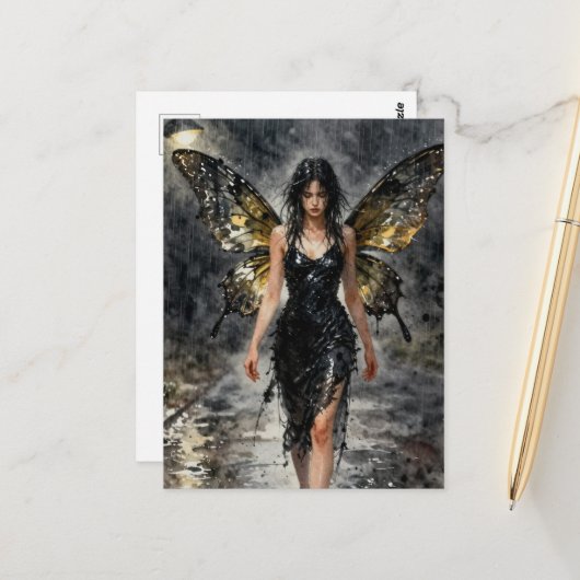 Fairy walking on a rainy night briefkaart (Voorkant / Achterkant in situ)