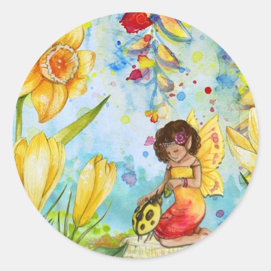 Fairy waterverf illustratie onecht ronde sticker (Voorkant)