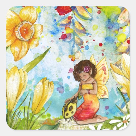 Fairy waterverf illustratie onecht vierkante sticker (Voorkant)
