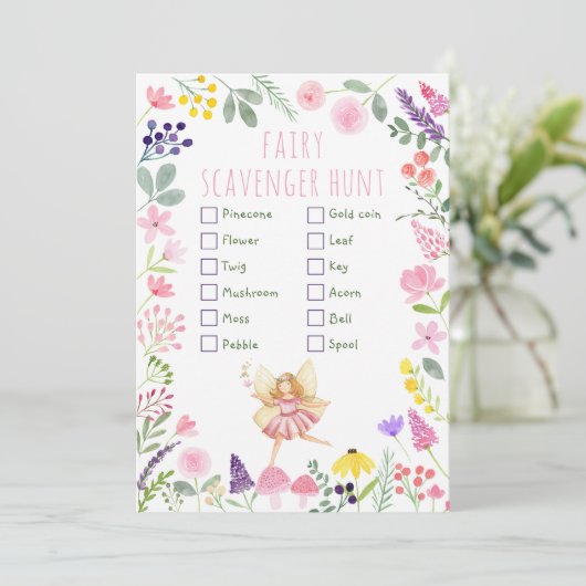 Fairy Wildflower Birthday Scavenger Hunt Kaart (Staand voorkant)