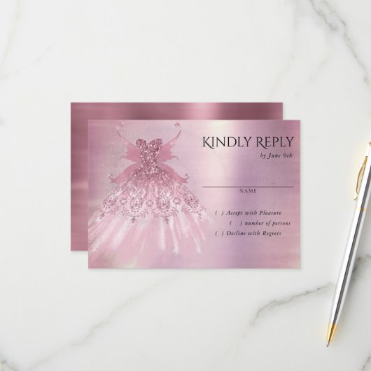 Fairy Wing Mauve Gown | Luxe Dusty Pink Sheen RSVP Kaartje (Voorkant / Achterkant in situ)