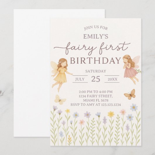Fairy Wings eerste verjaardag uitnodiging (Voorkant / Achterkant)