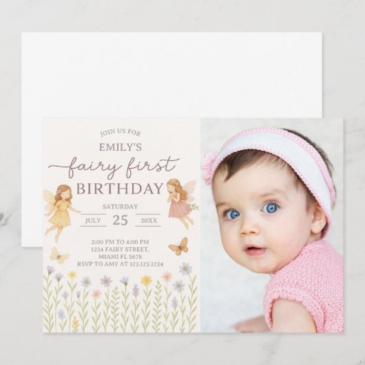Fairy Wings Eerste Verjaardag Uitnodiging met foto (Voorkant / Achterkant)