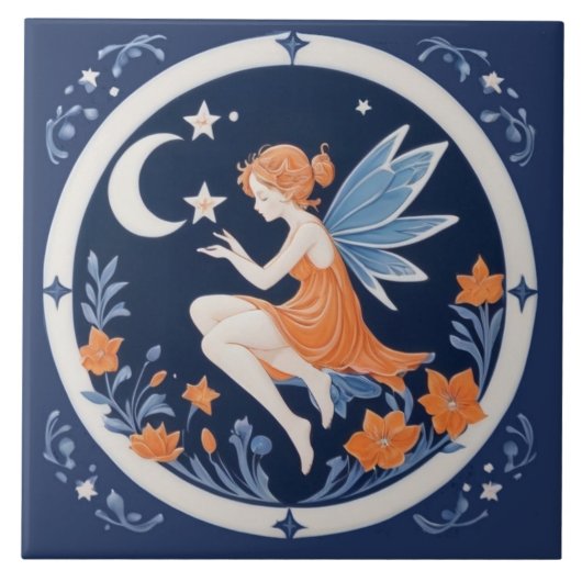 Fairy with Moon & Stars Night blue & orange Tegeltje (Voorkant)