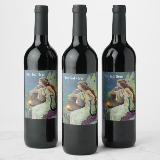  Fairy witte jurk op klif met harpkaars Wijn Etiket (Flessen)