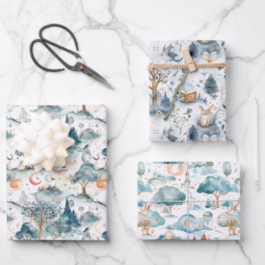 Fairy Woodland Animals Blue Inpakpapier Vel (Voorkant)