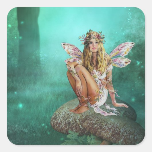Fairy Zittend op een Mushroo Fantasy Square Sticke Vierkante Sticker (Voorkant)