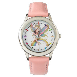 Fairy zittend op een regenboog horloge