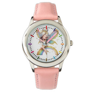 Fairy zittend op een regenboog horloge