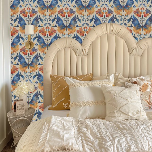 Fairycore Blauwe en Gele Vlinder Bloemen Behang (Fairycore Blue and Yellow Butterfly Flowers Wallpaper behind a cream colored headboard.)