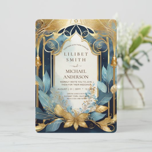 FAIRYCORE BRUILOFT UITNODIGING SPROOKJE BLAUWGROEN (Staand voorkant)