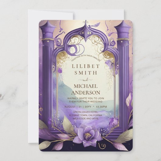 FAIRYCORE BRUILOFT UITNODIGING SPROOKJE PAARSE GOU (Voorkant)