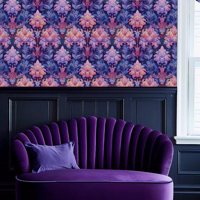 Fairycore Elegant Fleur Behang (Fairycore Elegant Fleur Wallpaper above a purple scalloped sofa.)