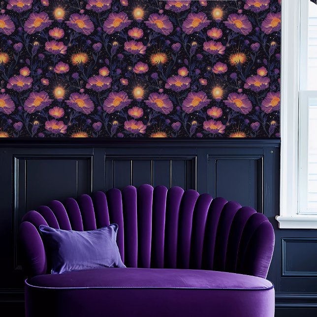 Fairycore Ethereal Glowing Purple & Yellow Floral Behang (Fairycore Ethereal Glowing Purple & Yellow Floral Wallpaper above a purple scalloped sofa.)