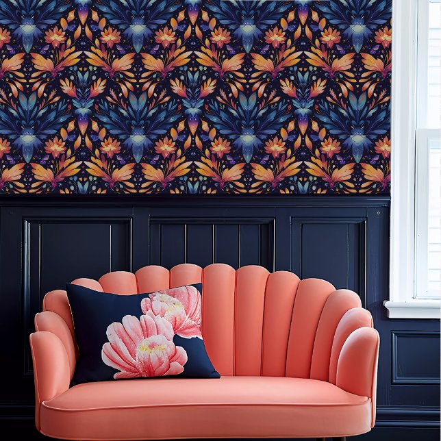 Fairycore Etherisch Blauw en Sinaasappel Bloemen Behang (Fairycore Ethereal Blue and Orange Floral Wallpaper above a coral scalloped sofa.)