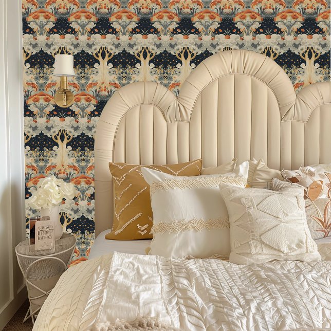 Fairycore Etherische Sinaasappel & Cream Trees Behang (Fairycore Ethereal Orange & Cream Trees Wallpaper behind a cream colored headboard.)