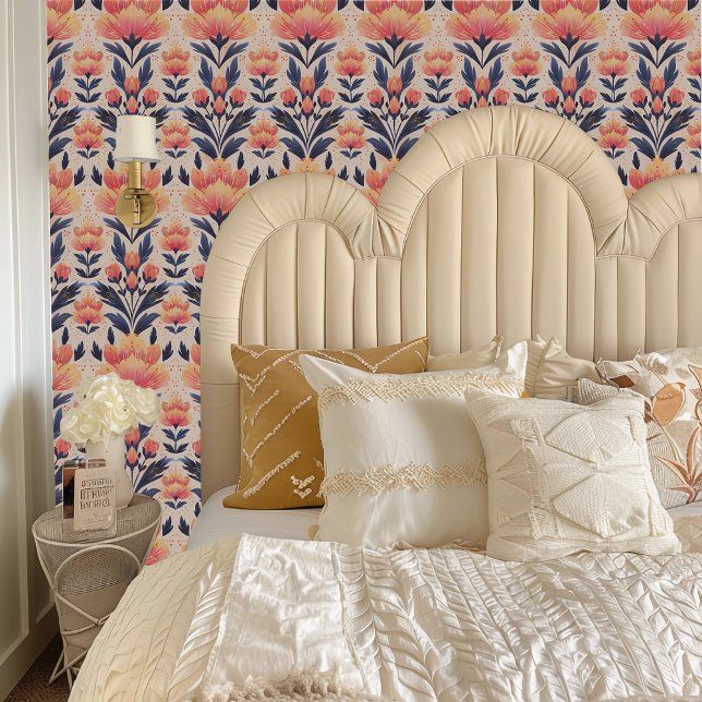 Fairycore Perzik, Geel, en Blauwe Bloemen Behang (Fairycore Peach, Yellow, and Blue Floral Wallpaper behind a cream colored headboard.)