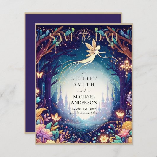 Fairycore Save the Date Sprookje Paarse Goud (Voorkant / Achterkant)