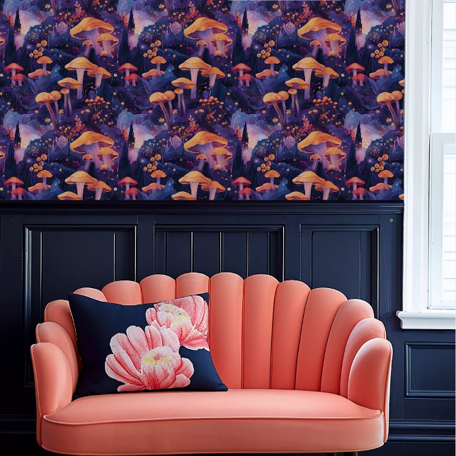Fairycore Sinaasappel & Paarse Etherische Paddenst Behang (Fairycore Orange & Purple Ethereal Toadstools Wallpaper above a coral scalloped sofa.)