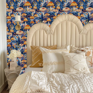Fairycore Whimsical Grote Blauwe & Oranje Paddenst Behang