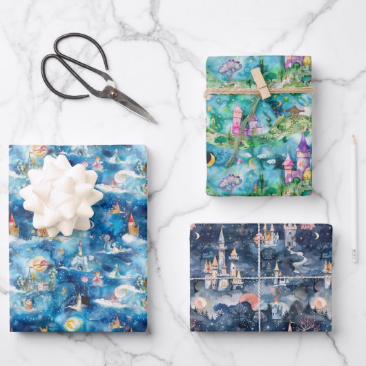 Fairyland Castles Blue Inpakpapier Vel (Voorkant)