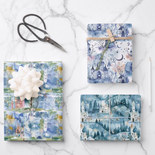 Fairyland Castles Blue Inpakpapier Vel (Voorkant)