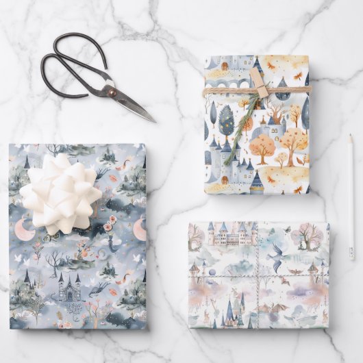 Fairyland Castles Blue Pink Inpakpapier Vel (Voorkant)