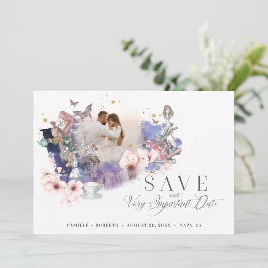Fairytale Alice in Wonderland Belangrijke Datum Fo Save The Date (Staand voorkant)