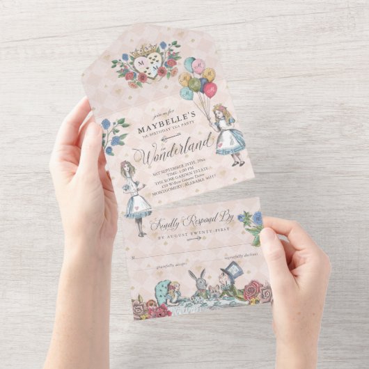 Fairytale Alice in Wonderland: Birthday Tea Party All In One Uitnodiging (Afscheurbaar)