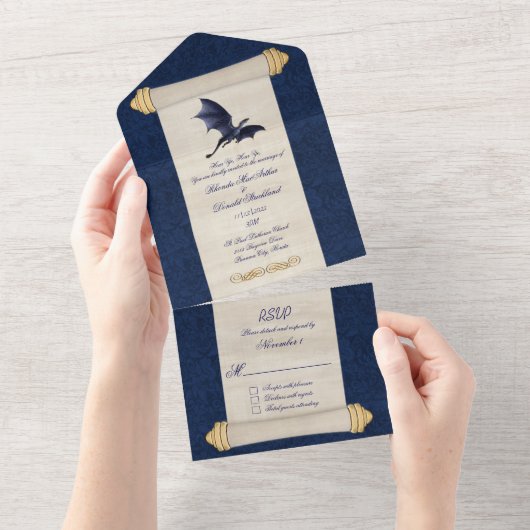 Fairytale Blue Dragon Scroll Wedding All In One Uitnodiging (Afscheurbaar)