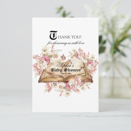 Fairytale Book Pink Rose Baby Shower Bedankkaart (Staand voorkant)
