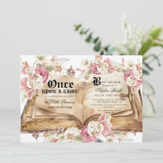 Fairytale Book Pink Rose Floral Baby Shower Kaart (Staand voorkant)