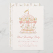 Fairytale Bows Pink Girl Carousel Birthday Party Kaart (Voorkant / Achterkant)