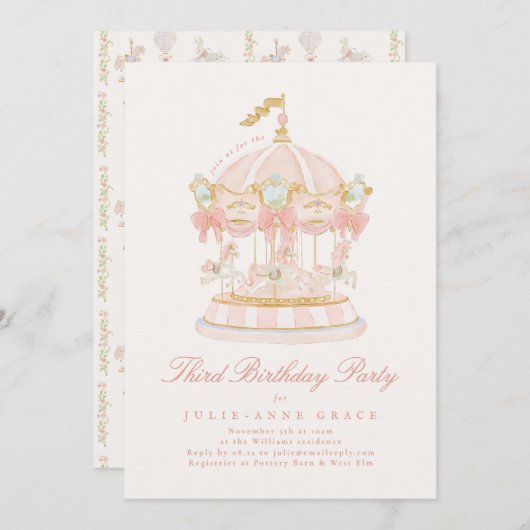 Fairytale Bows Pink Girl Carousel Birthday Party Kaart (Voorkant / Achterkant)