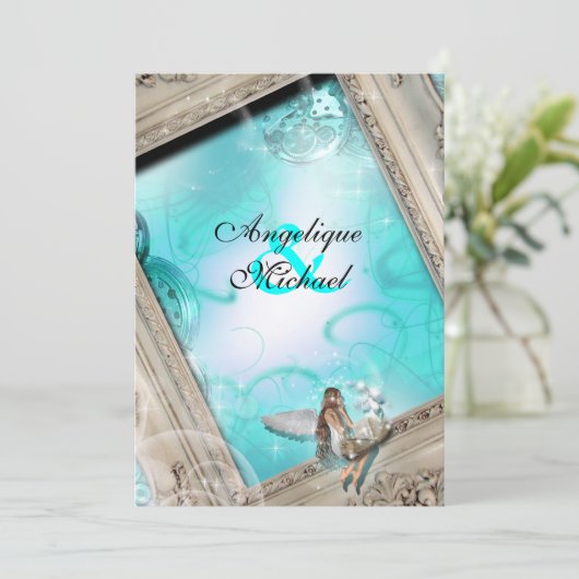 Fairytale bruiloft aquablauw kaart (Staand voorkant)