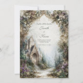 Fairytale Castle Floral Arch Misty Forest Wedding Kaart (Voorkant)