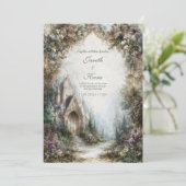 Fairytale Castle Floral Arch Misty Forest Wedding Kaart (Staand voorkant)