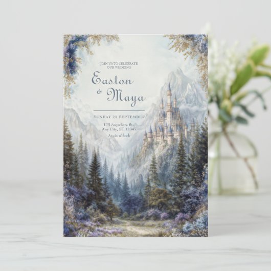 Fairytale Castle Misty Mountain Wedding Kaart (Staand voorkant)